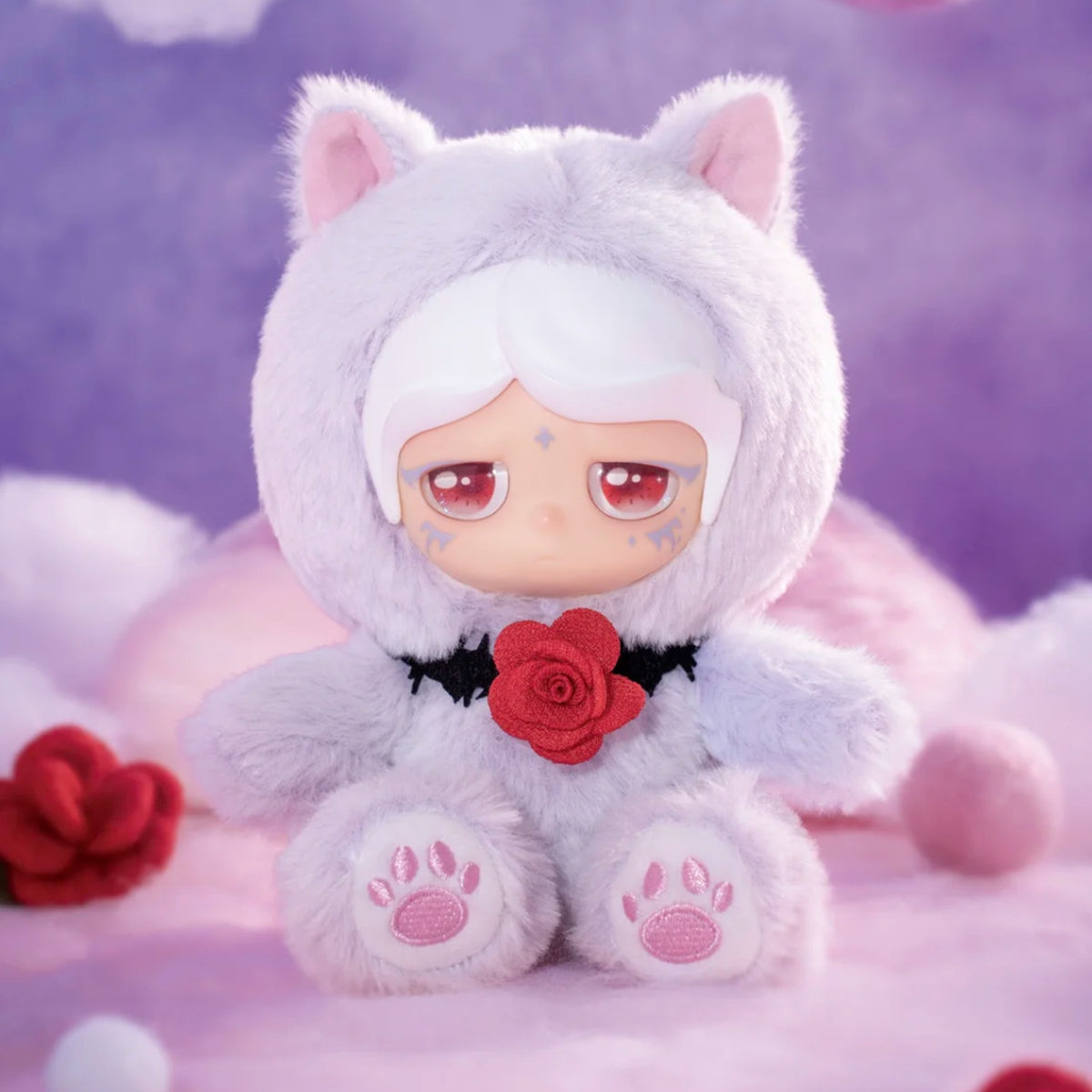 MO CAT Universe Series Plush Dolls Blind Box - Complete white cat-hood seated plush example with red rose; random design not guaranteed