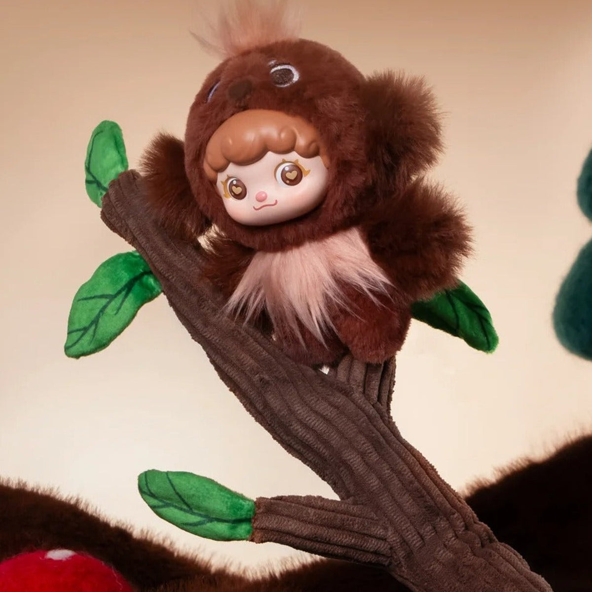 Mochi Little Monster Series Plush Pendant Blind Box - Brown plush pendant detail with upper crest cropped; styling branch not included; random design not guaranteed