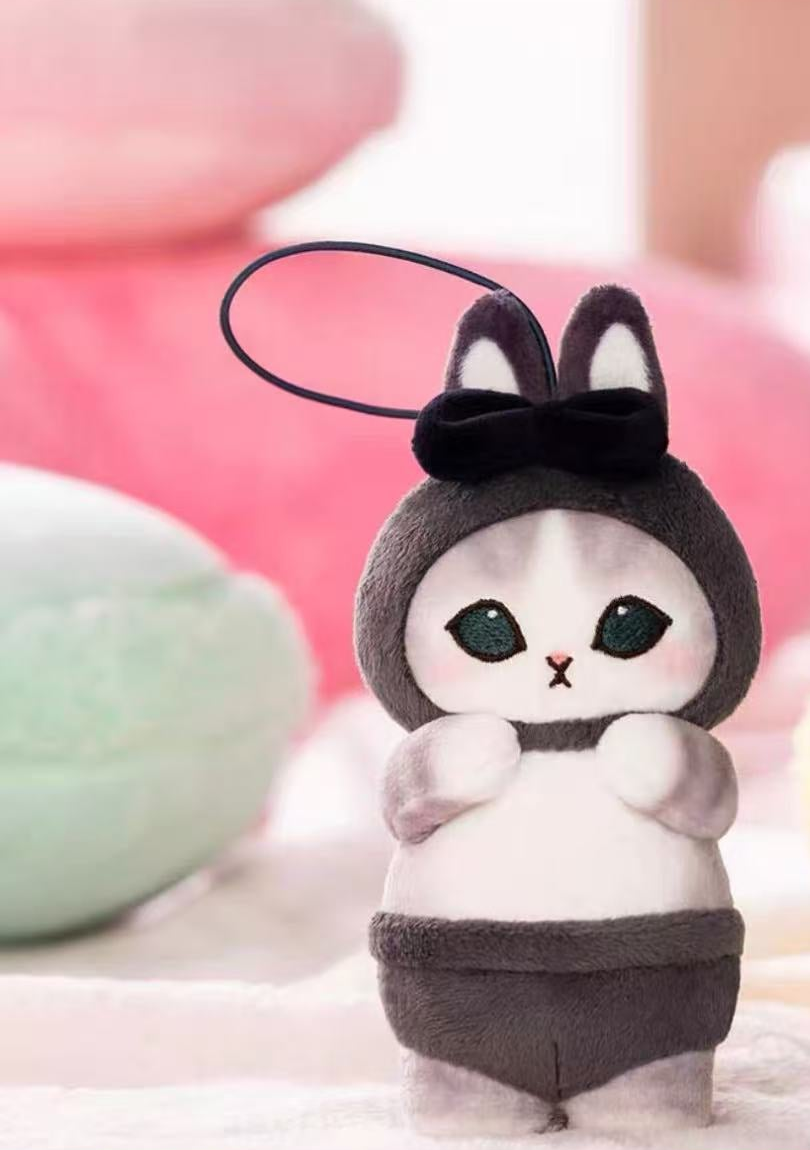 Mofusand black rabbit-outfit plush pendant with full hanging loop and feet, front view