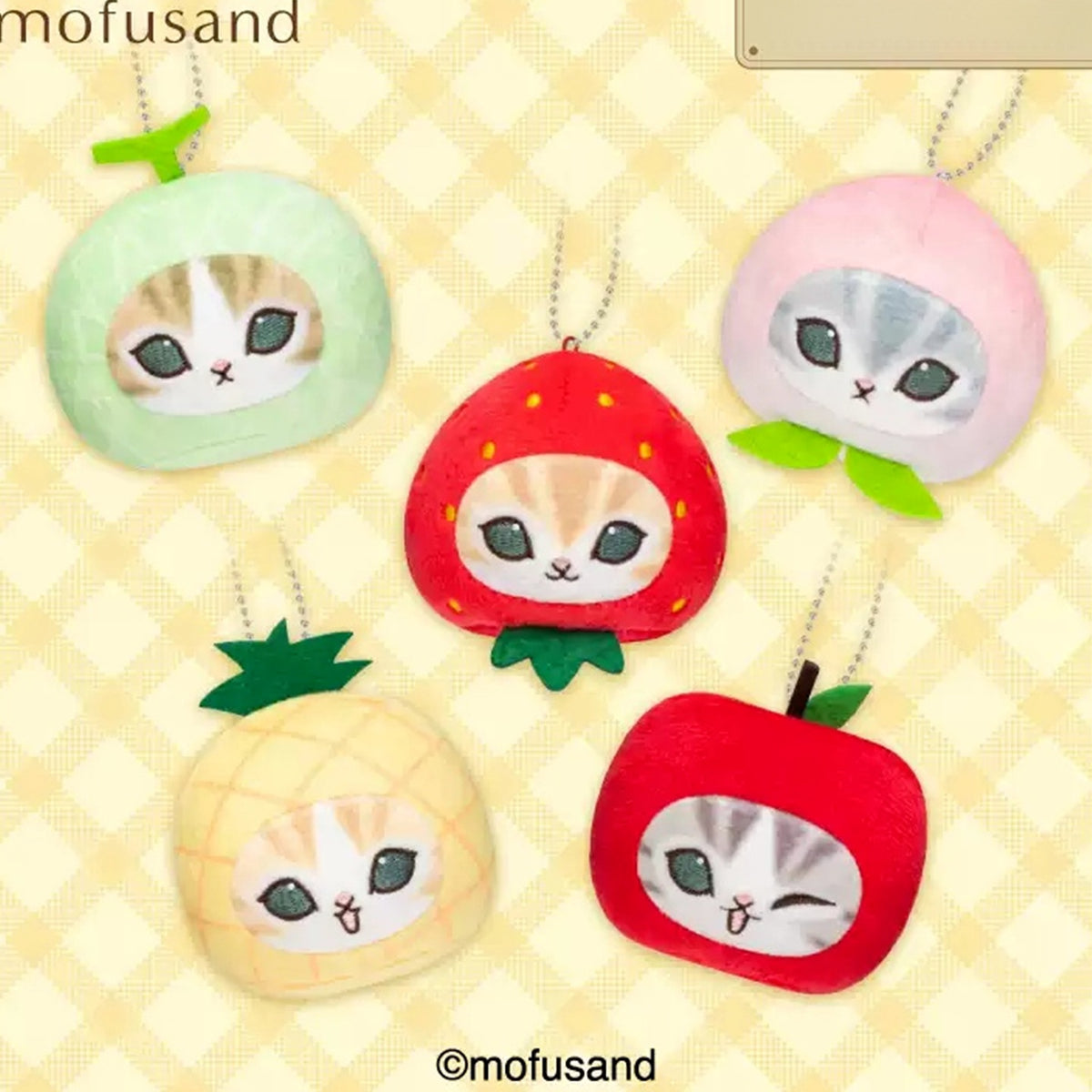 Mofusand Fresh Fruit Meow Face series comparison of five plush pendant designs; 1 BOX is one random item, 1 SET (5 BOXES) is five boxes; pictured assortment not guaranteed