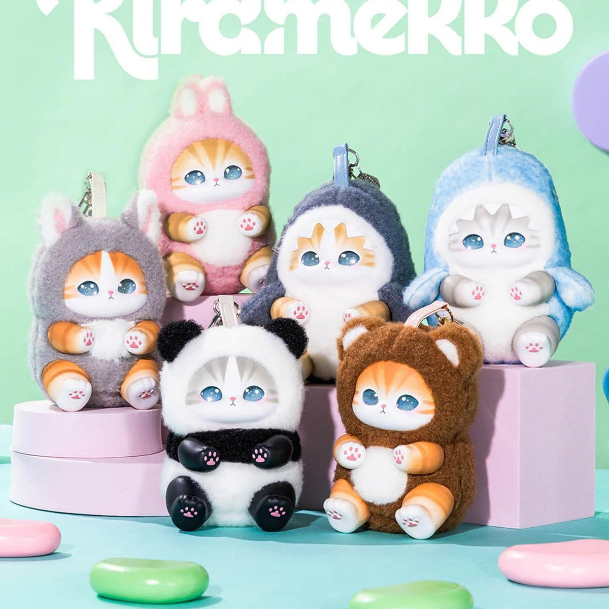 Mofusand Kiramekko Fluffy Kittens Series Plush Blind Box - Six-design costume pendant comparison: wolf, rabbit, shark, whale shark, panda and bear; quantity follows selected option
