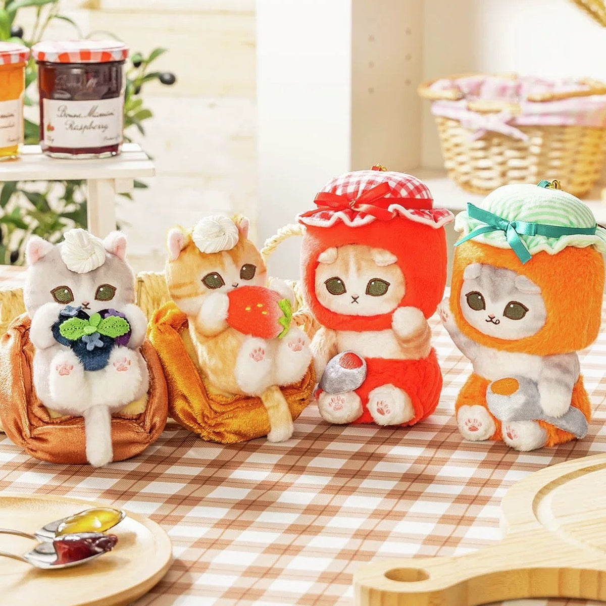 Mofusand Mofumofu Bakery Cat Baking Series Plush Pendant - Blueberry Danish, strawberry Danish and jam jar pendants; quantity follows selected option