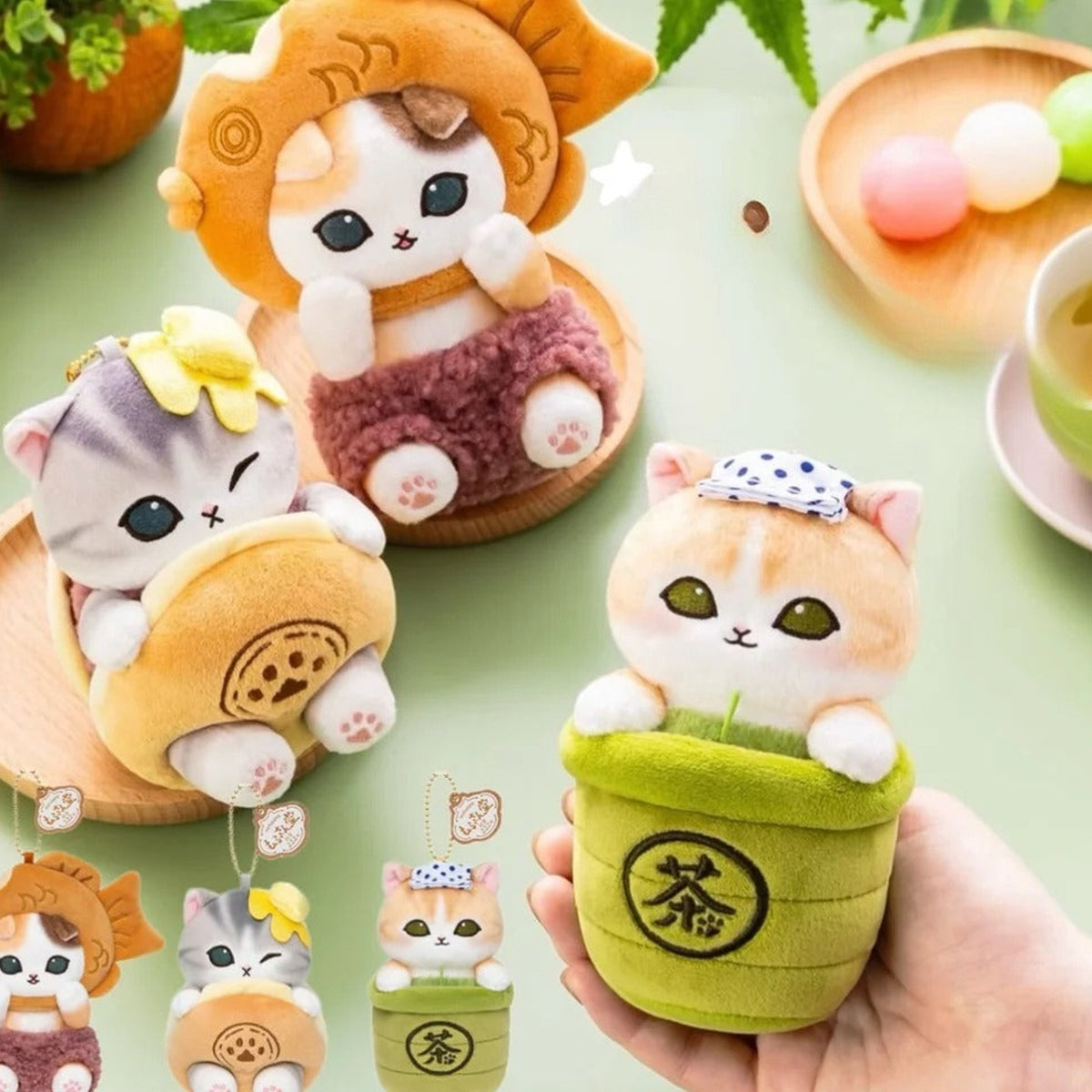 Mofusand Wagashi Nyan Series Plush Pendant - Taiyaki, dorayaki and green tea pendant comparison; quantity follows selected option
