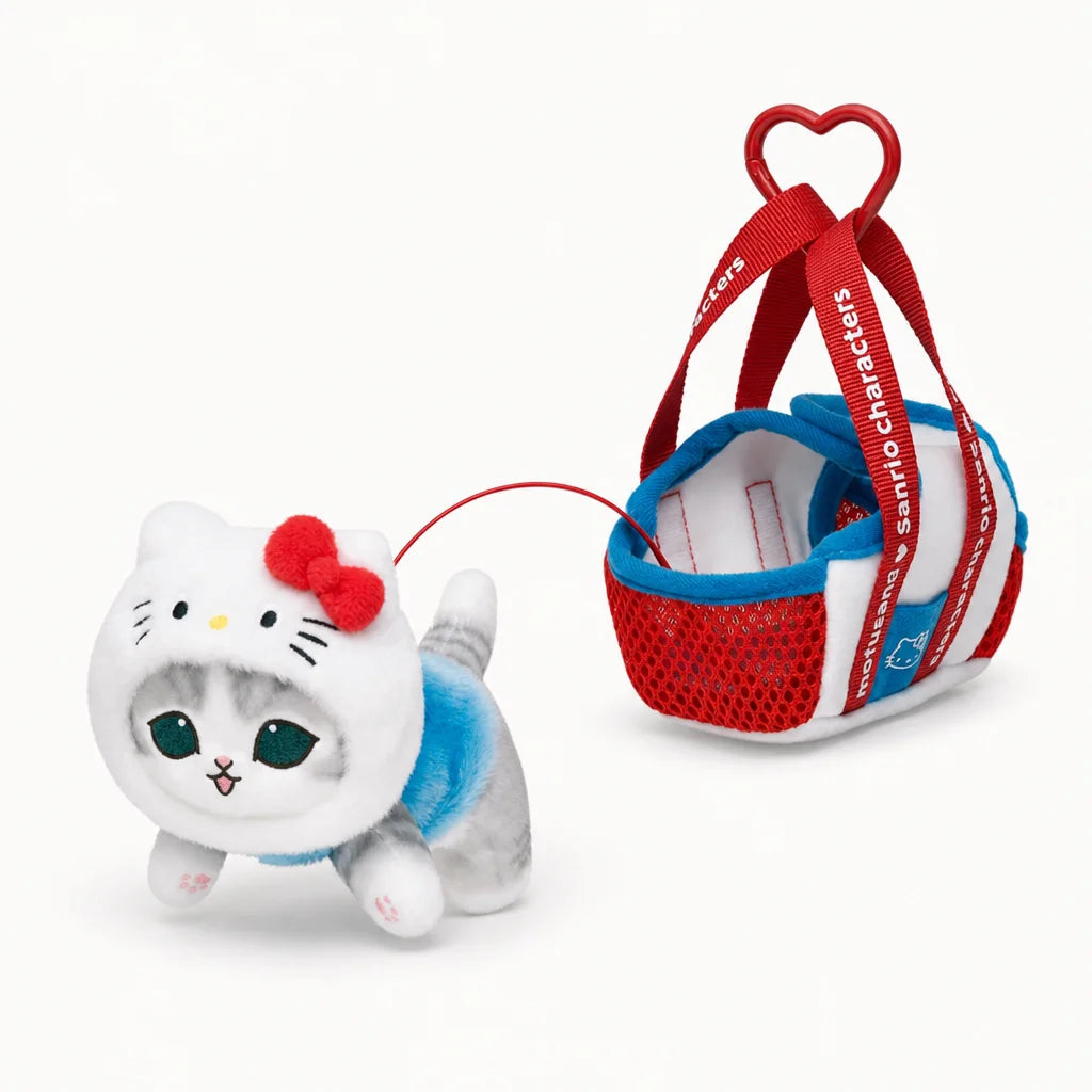 Mofusand x Sanrio Blanket Cat Hello Kitty design with cat plush, matching small red mesh carrier and hanging strap