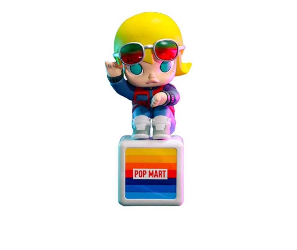 Molly Back to The Future confirmed figure on its rainbow base, front view against a white background