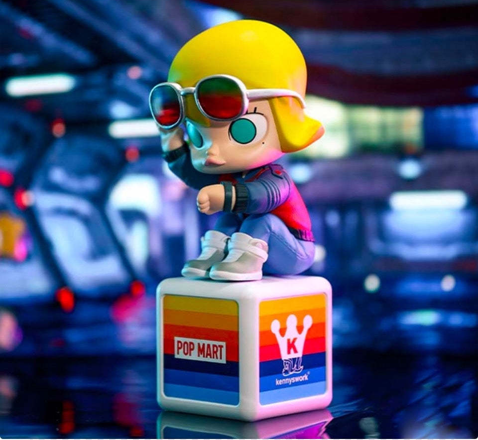 Molly Back to The Future confirmed figure with sunglasses on its rainbow base, three-quarter scene