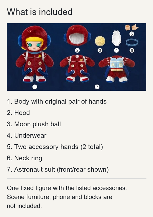 MOLLY Hello, Moon 1/8 included items in English: one body, hood, moon plush ball, underwear, two accessory hands, neck ring and astronaut suit