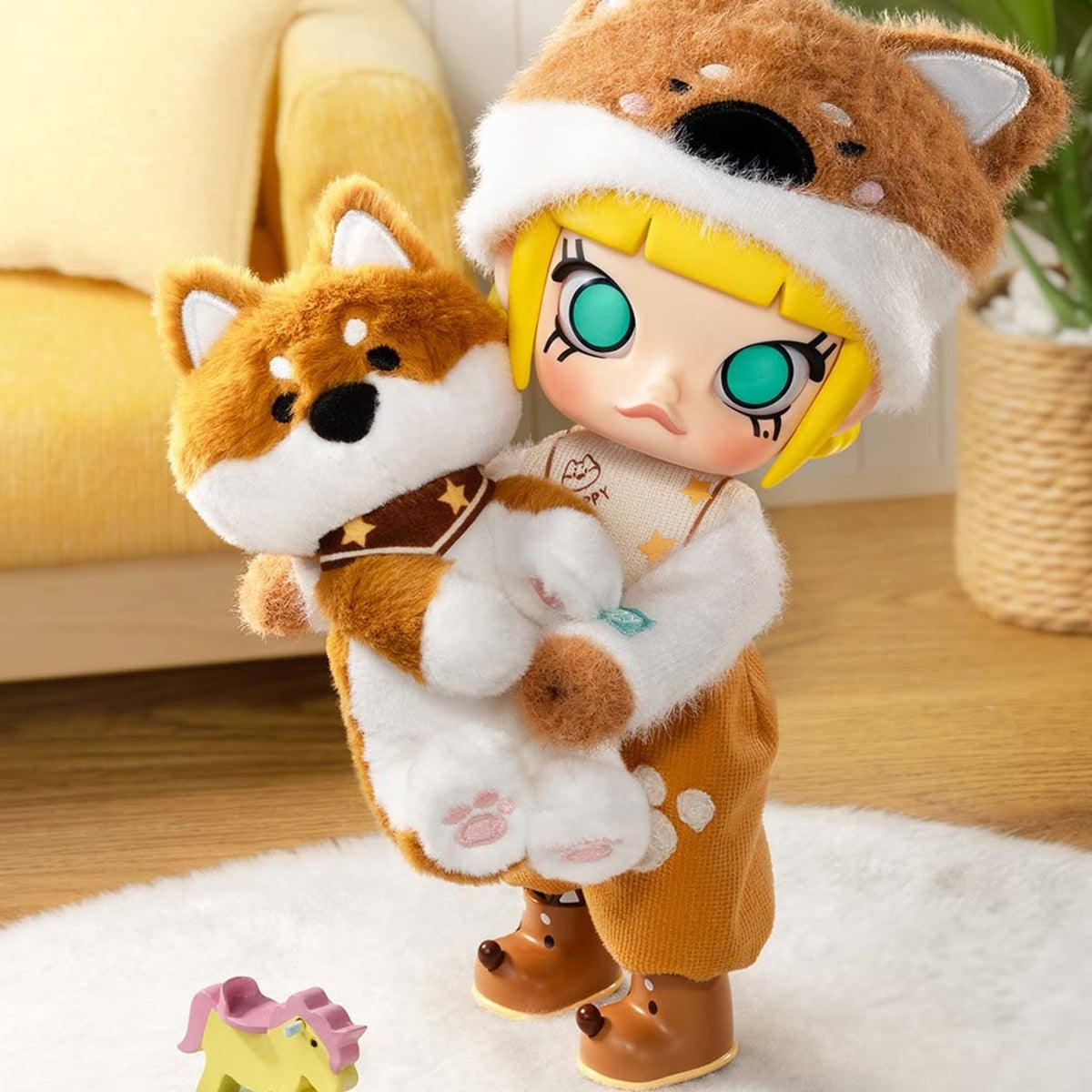 MOLLY Hugging 1/8 action figure holding a plush dog in a styled living-room scene.
