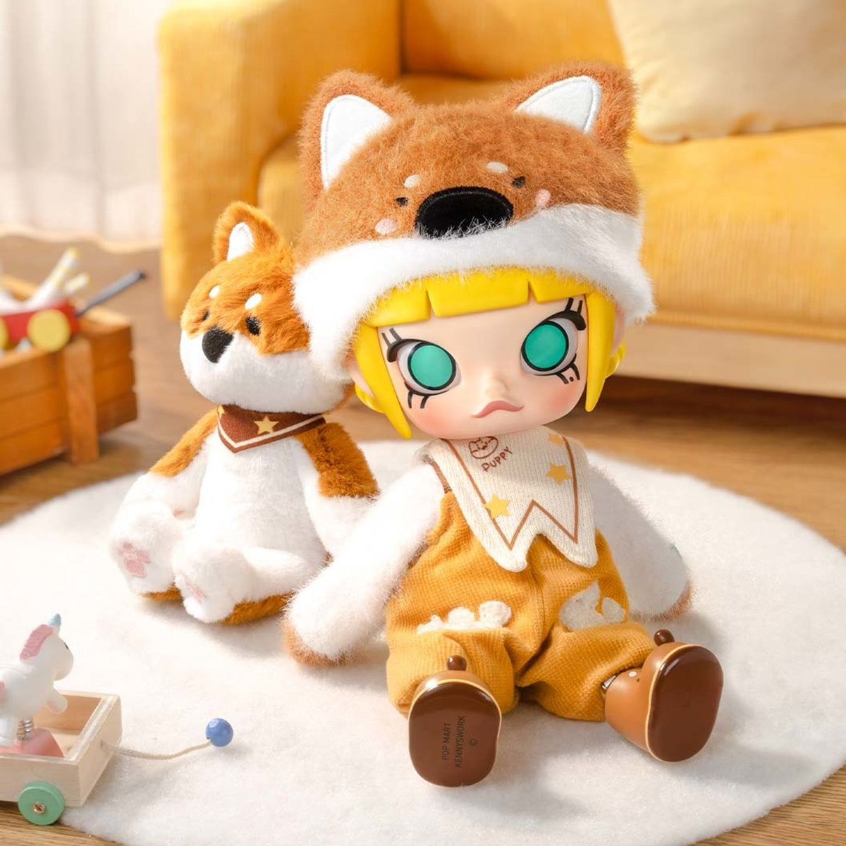 MOLLY Hugging 1/8 action figure seated on a rug beside a plush dog; scene props are not a packing list.