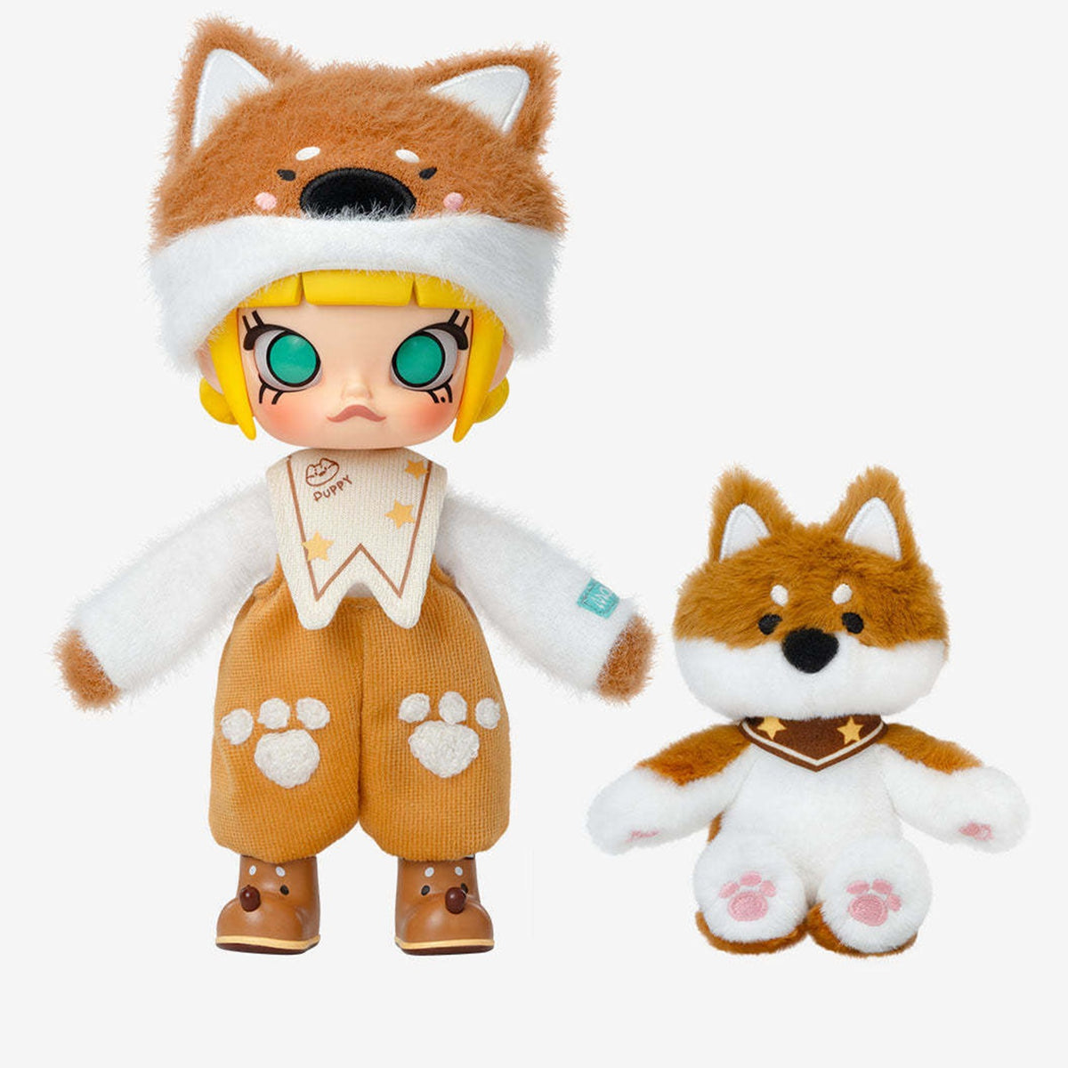 MOLLY Hugging 1/8 action figure in a dog-eared hat, shown from the front beside a plush dog.