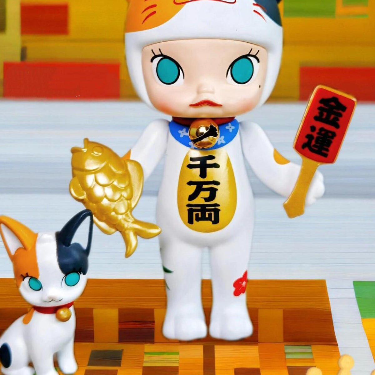 MOLLY Lucky Cat confirmed figurine, front close-up showing the cat costume and red sign