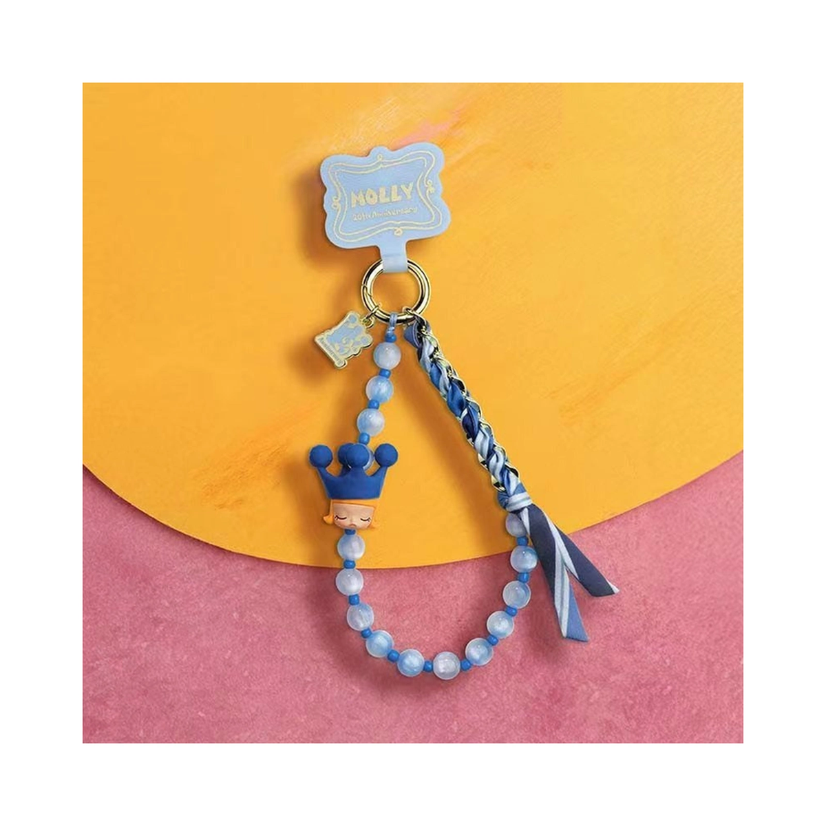 MOLLY Scenery Along the Way 20th Anniversary phone charm, blue beaded design example with ribbon; random design not guaranteed