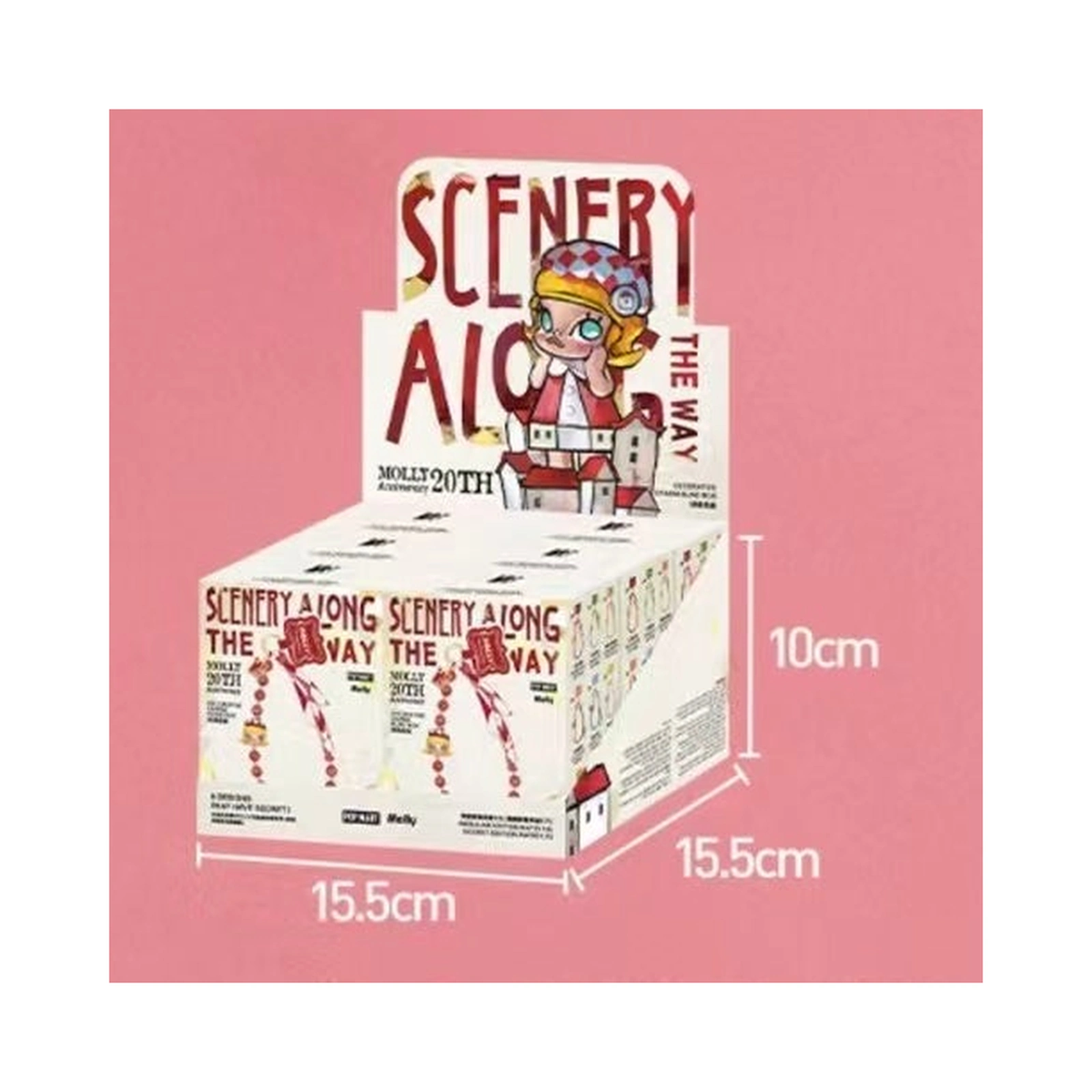MOLLY Scenery Along the Way 20th Anniversary phone charm, full set display packaging for six blind boxes with printed dimensions