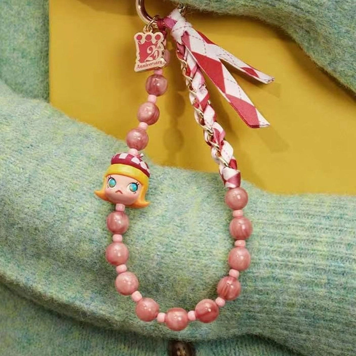 MOLLY Scenery Along the Way 20th Anniversary phone charm, red beaded design displayed on a bag; possible blind box outcome, bag not included