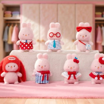 MOMO BUNNY Energetic Wardrobe Series Plush Pendant Blind Box - Series overview with complete central bunny plush examples; right outer example cropped; display props not included; random design not guaranteed