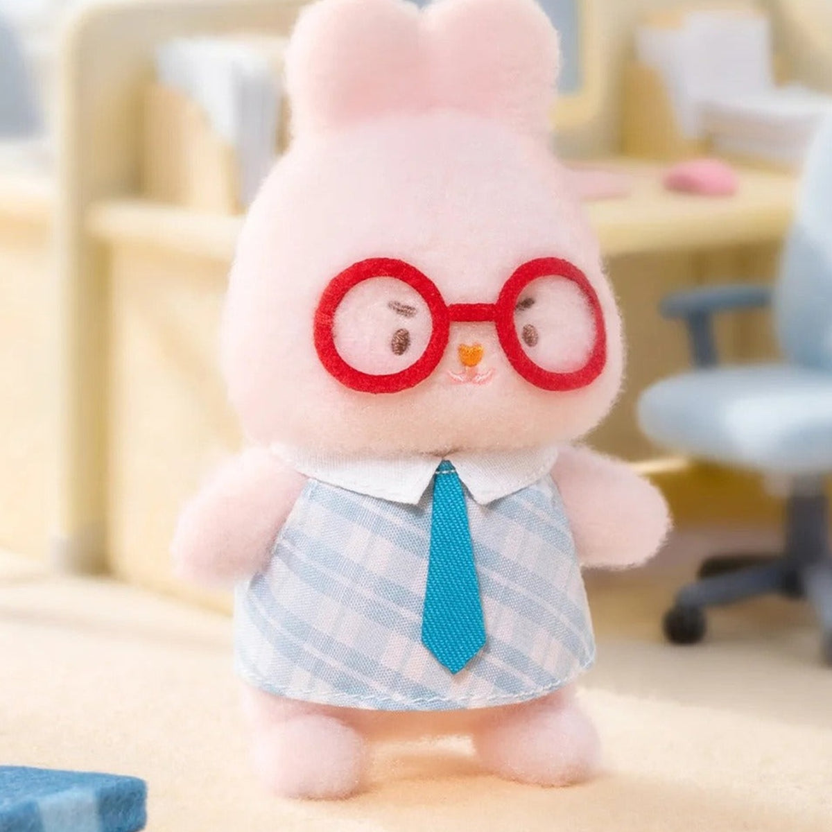 MOMO BUNNY Energetic Wardrobe Series Plush Pendant Blind Box - Glasses bunny plush pendant detail with upper ears cropped; display props not included; random design not guaranteed