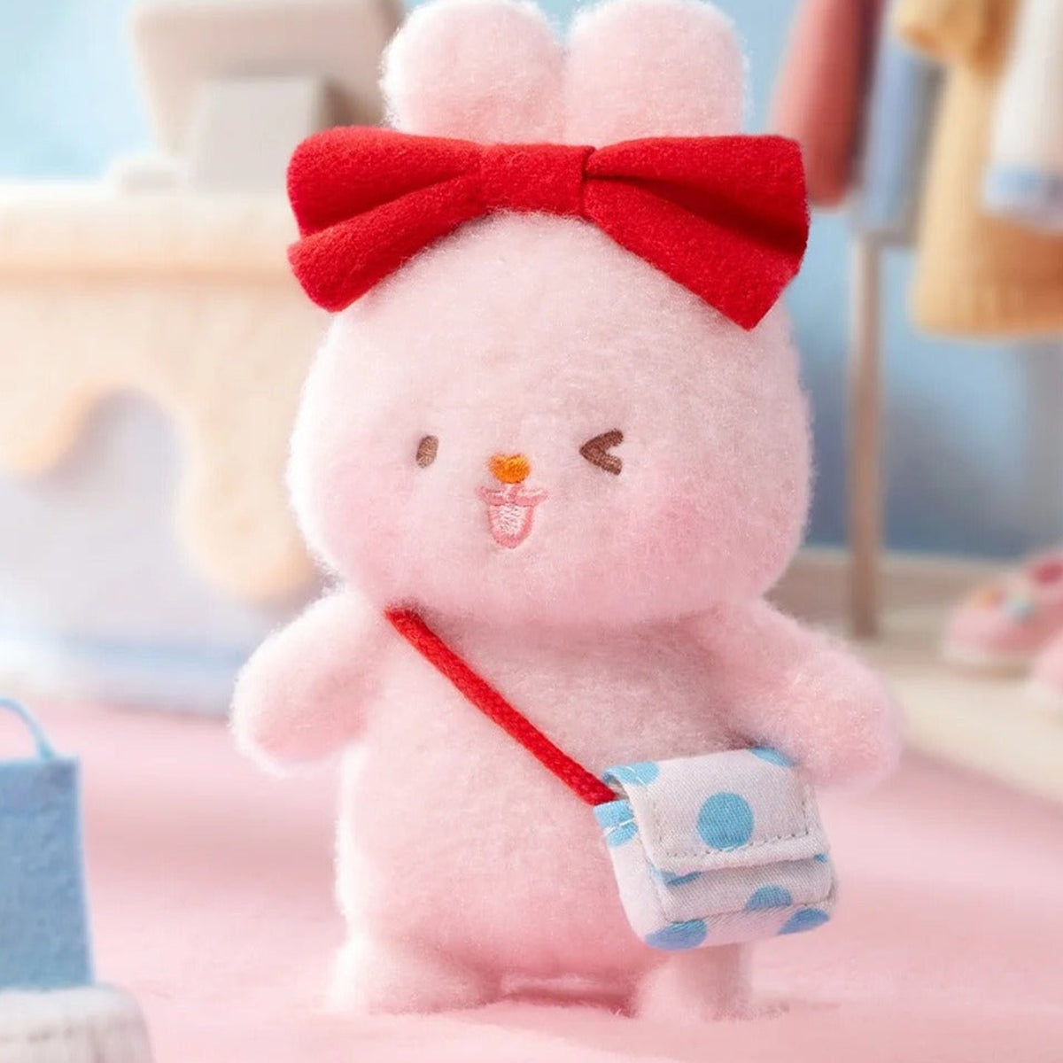 MOMO BUNNY Energetic Wardrobe Series Plush Pendant Blind Box - Complete red-bow bunny plush pendant body; display props not included; random design not guaranteed
