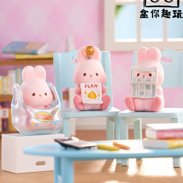 MOMO BUNNY Enjoy Life Mini Beans Series Figures - Complete bunny mini figure examples on chair display; pictured design not guaranteed