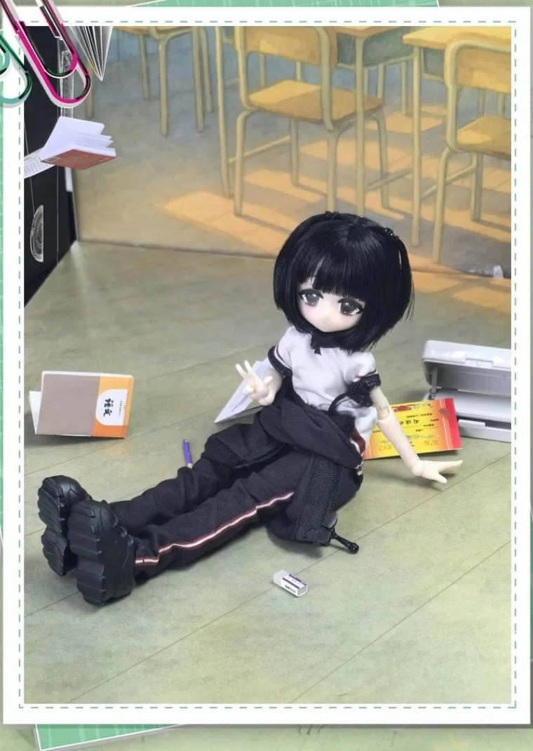 Momotale Cicada Time MJD doll with black hair and a black-and-white school outfit, seated full-body design photo