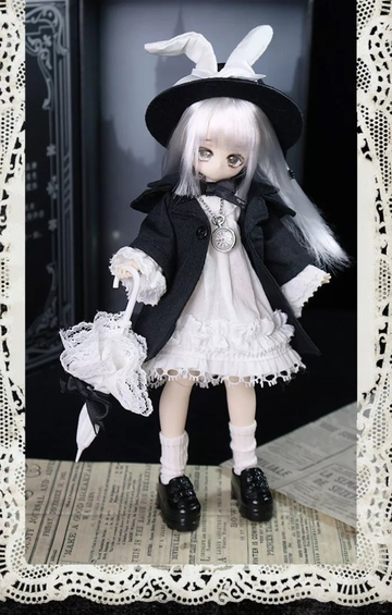 Momotale Lit Mists Fill The Air MJD doll wearing a rabbit-eared hat, dark coat and white dress, full-body design photo