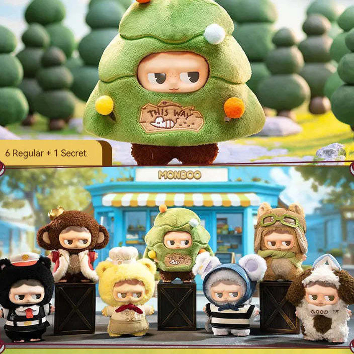 MONBOO Forest Town Series Plush Dolls, Blind Box - Series overview with complete plush examples; random design not guaranteed