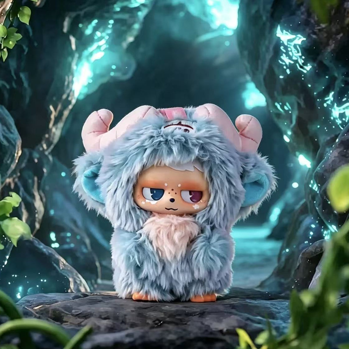 MONBOO Unknown Creature Series Plush Doll Blind Box - Complete blue MONBOO plush doll example with curled horns; random design not guaranteed