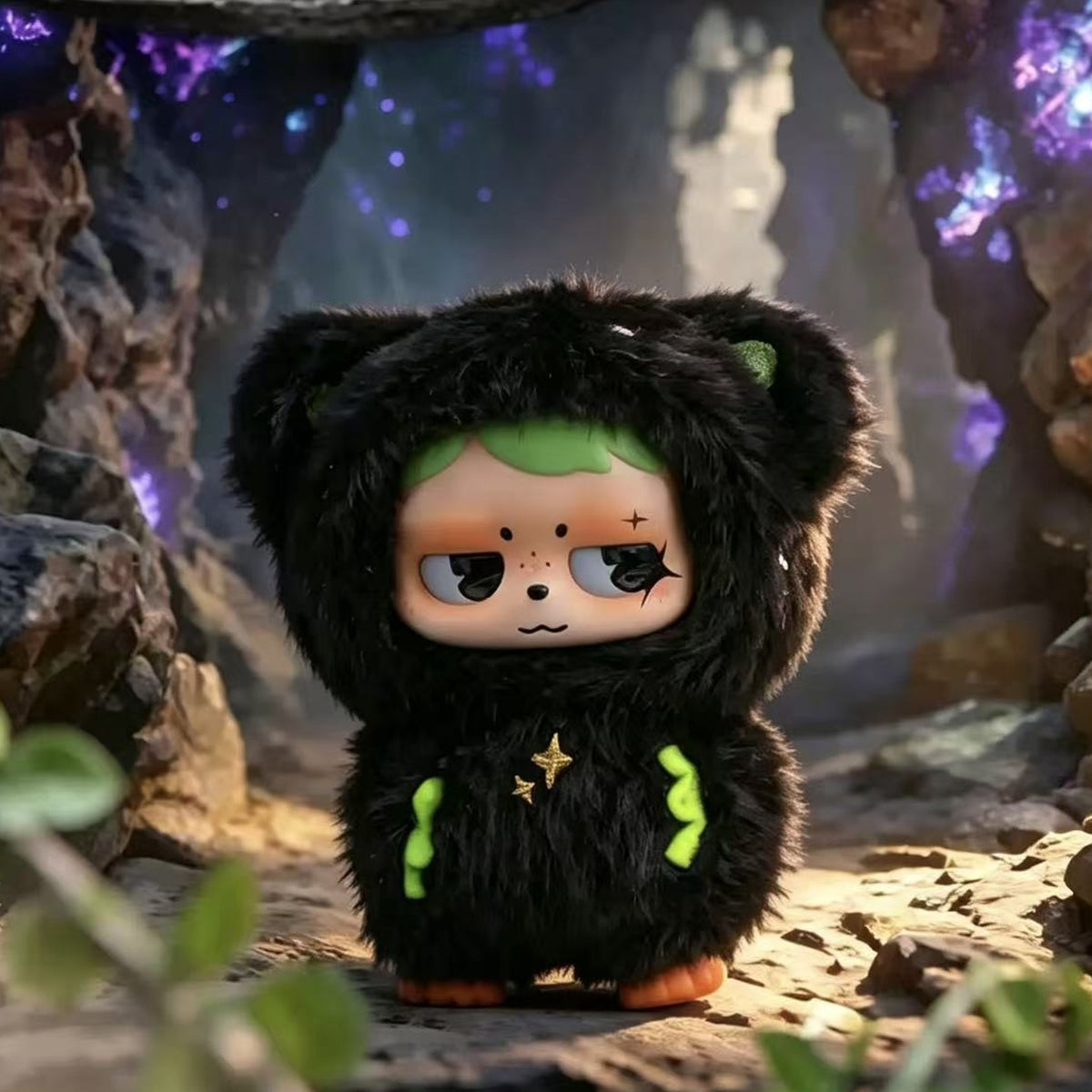 MONBOO Unknown Creature Series Plush Doll Blind Box - Complete black MONBOO plush doll example with green accents; random design not guaranteed