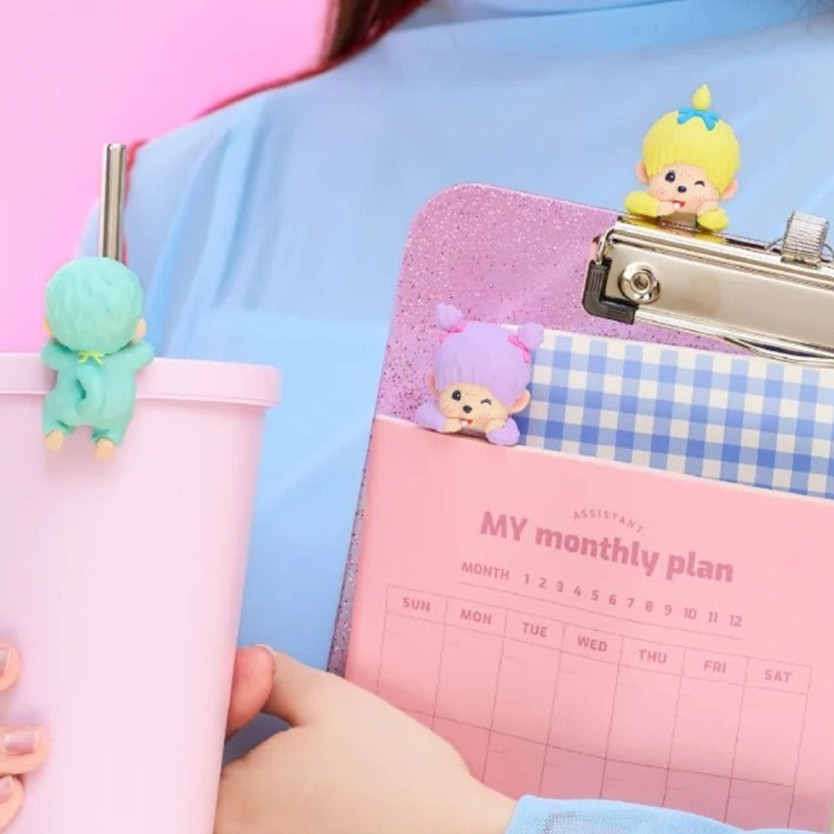 Monchhichi HIPPERS Decorative Mini Figures Colors Wink Series Blind Box - Colors Wink decorative mini figure placement examples; drink and clipboard are styling props; random design not guaranteed