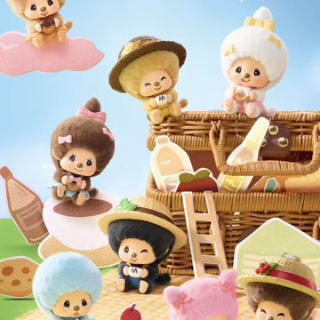 Monchhichi Mon Mon Farm Classic Coffee Series Face Flip Flocked Pendant Blind Box - Series overview with complete central flocked pendant examples and outer examples cropped; random design not guaranteed