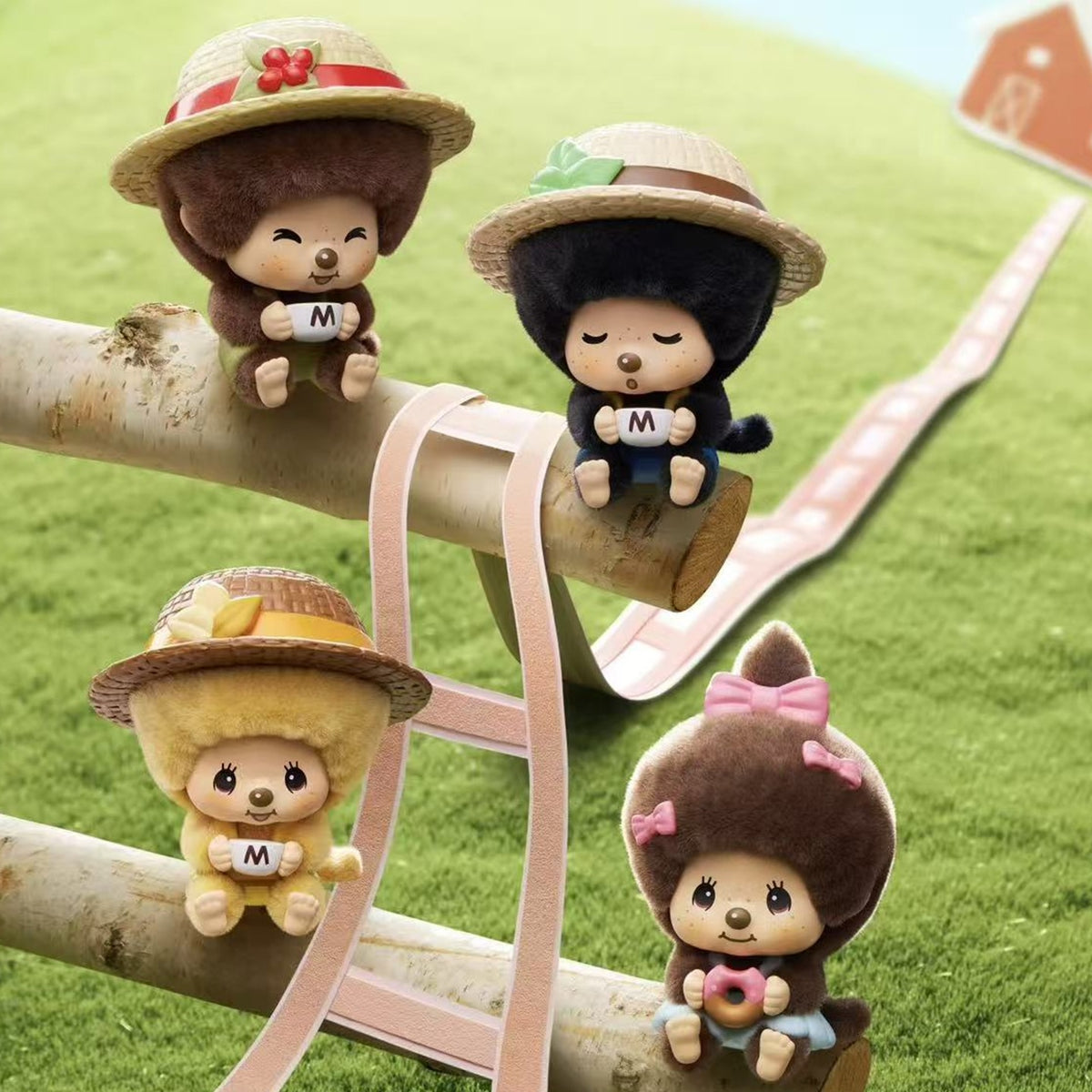 Monchhichi Mon Mon Farm Classic Coffee Series Face Flip Flocked Pendant Blind Box - Complete hat-wearing flocked pendant examples; display props not included; random design not guaranteed