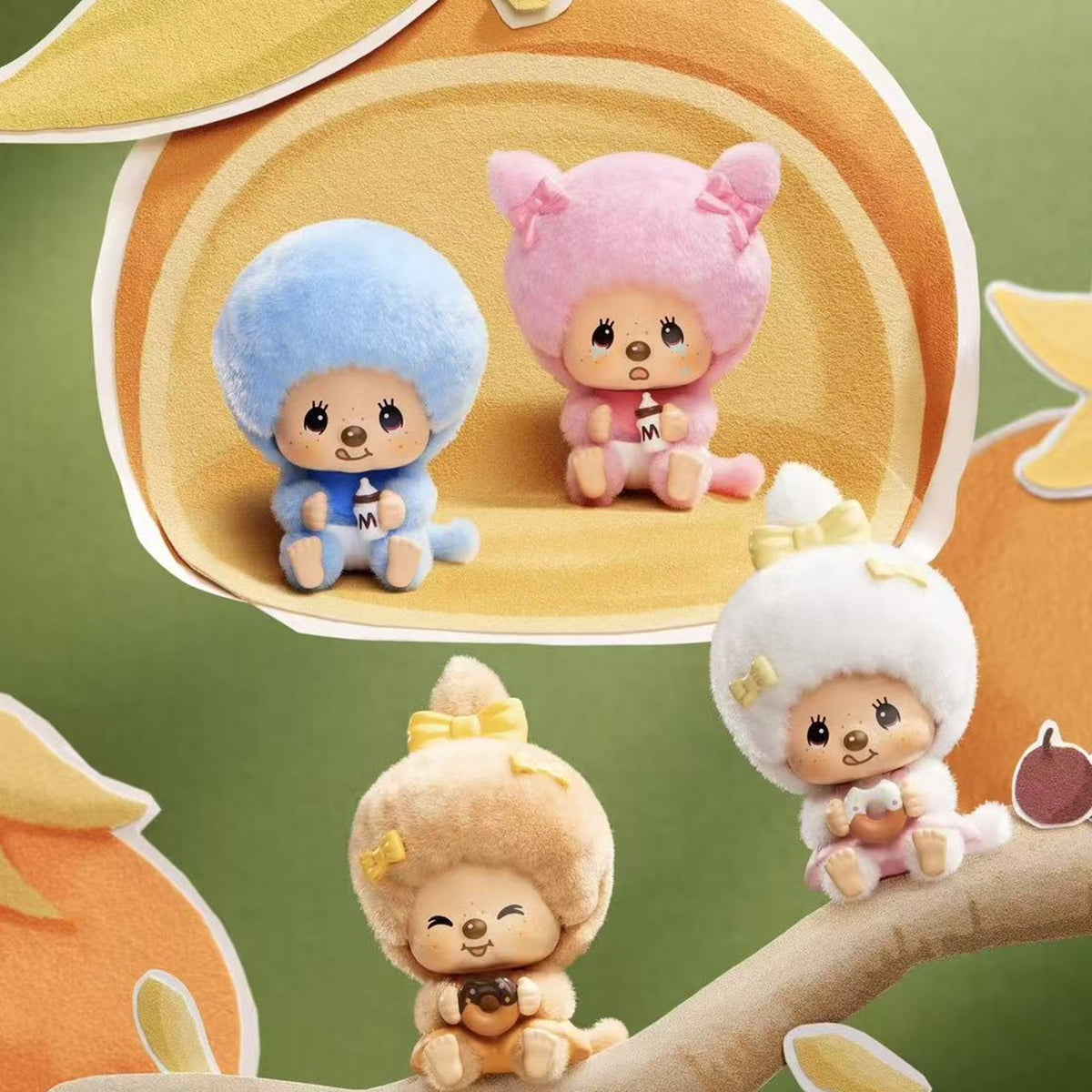 Monchhichi Mon Mon Farm Classic Coffee Series Face Flip Flocked Pendant Blind Box - Complete blue, pink, yellow and white flocked pendant examples; display props not included; random design not guaranteed