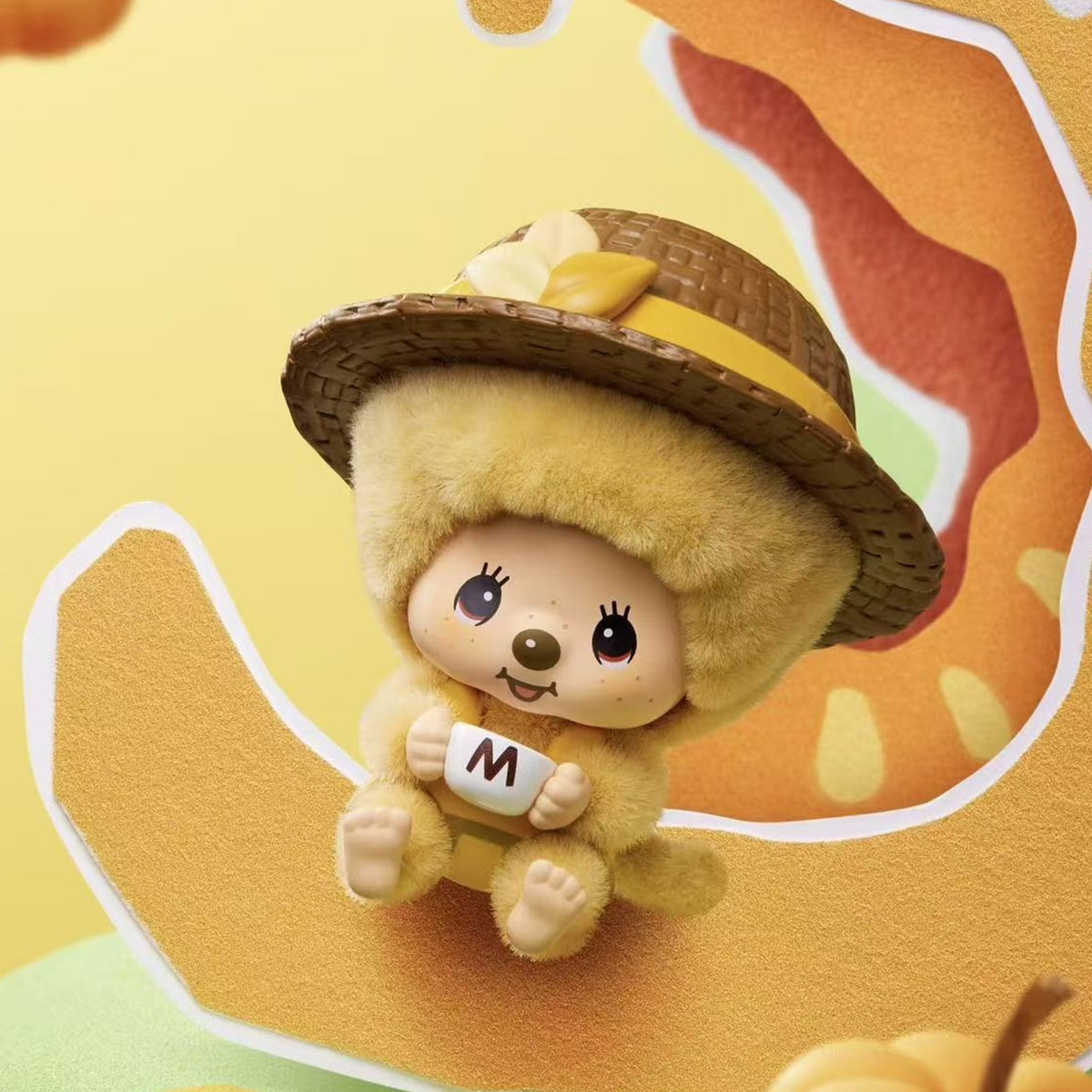 Monchhichi Mon Mon Farm Classic Coffee Series Face Flip Flocked Pendant Blind Box - Complete yellow hat-wearing flocked pendant example; display props not included; random design not guaranteed