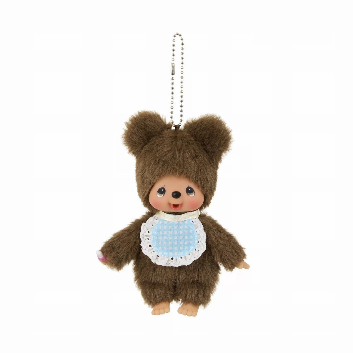 Monchhichi B plush doll in a brown animal costume and blue bib, full hanging chain view