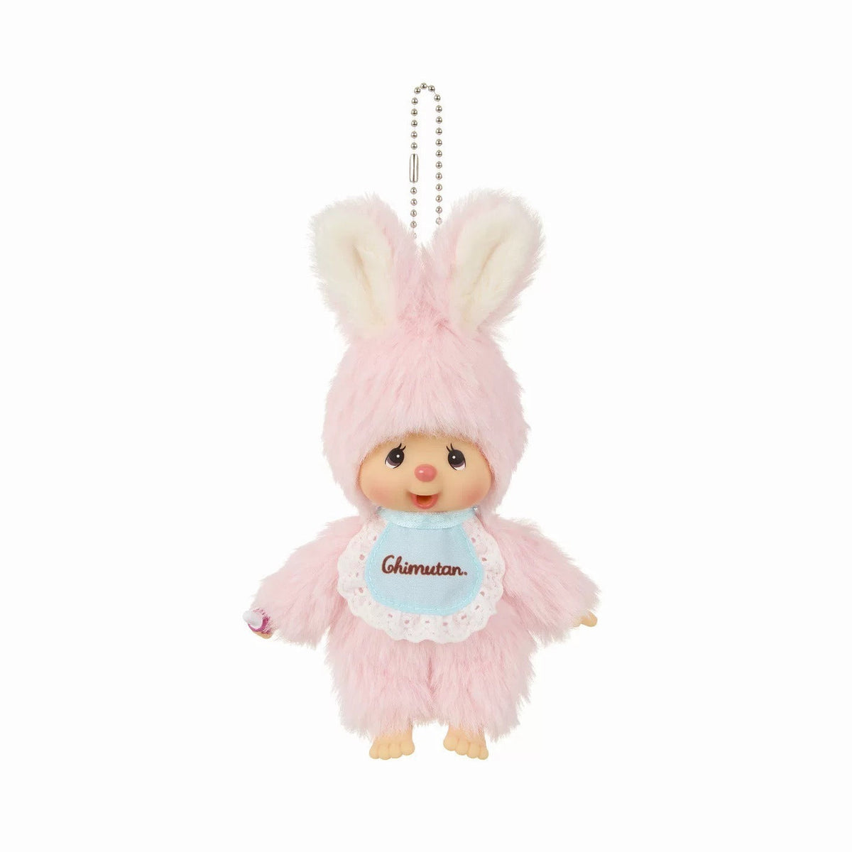 Monchhichi C plush doll in a pink rabbit costume, full hanging chain view