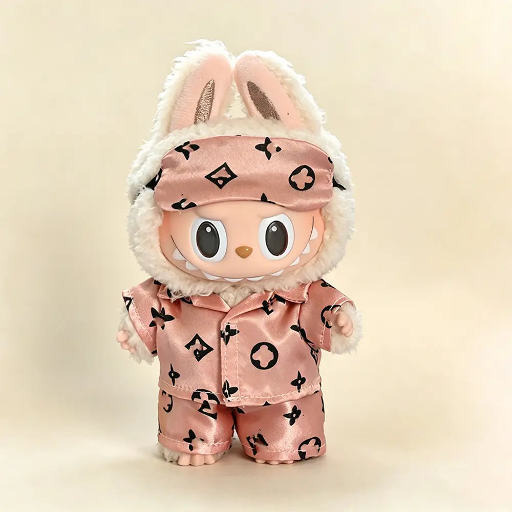 Monogram Satin Pajama Set for Labubu 17cm — 3-Piece Sleepwear with Eye Mask - main product card | KikiBuddies