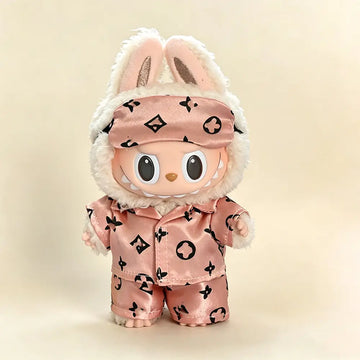 Monogram Satin Pajama Set for Labubu 17cm — 3-Piece Sleepwear with Eye Mask - main product card | KikiBuddies