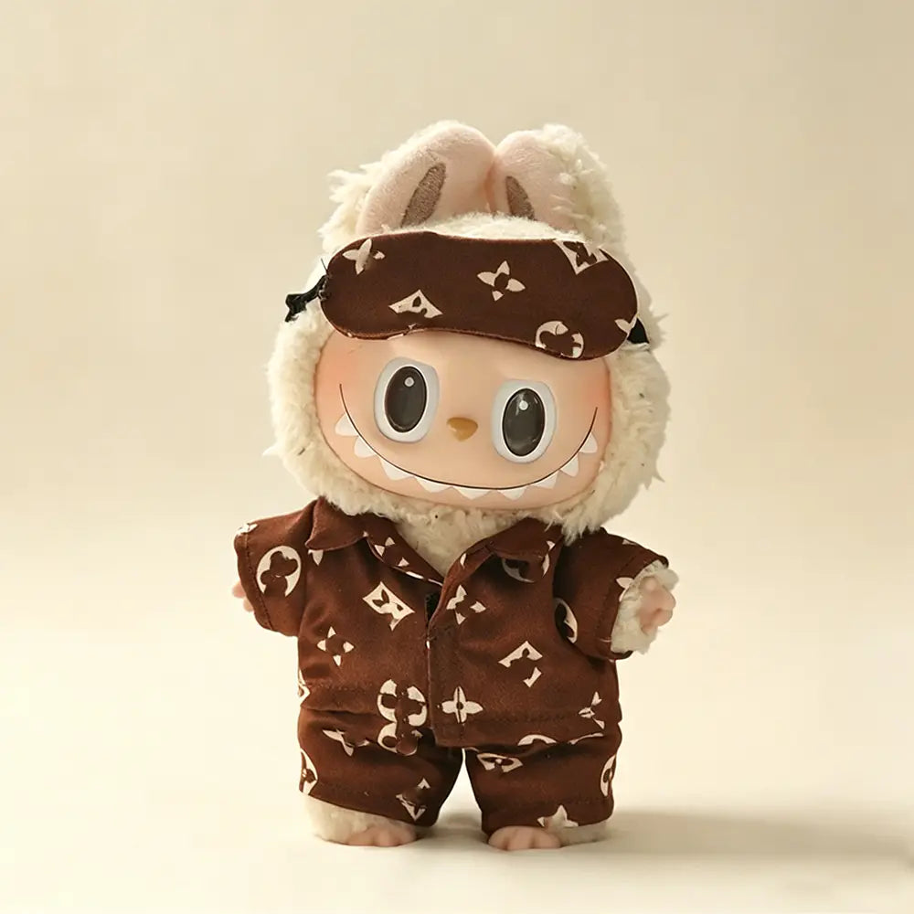 Monogram Satin Pajama Set for Labubu 17cm — 3-Piece Sleepwear with Eye Mask - front view | KikiBuddies