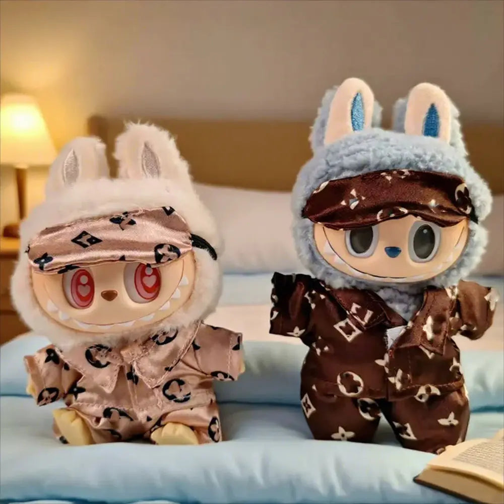 Monogram Satin Pajama Set for Labubu 17cm — 3-Piece Sleepwear with Eye Mask - detail view | KikiBuddies