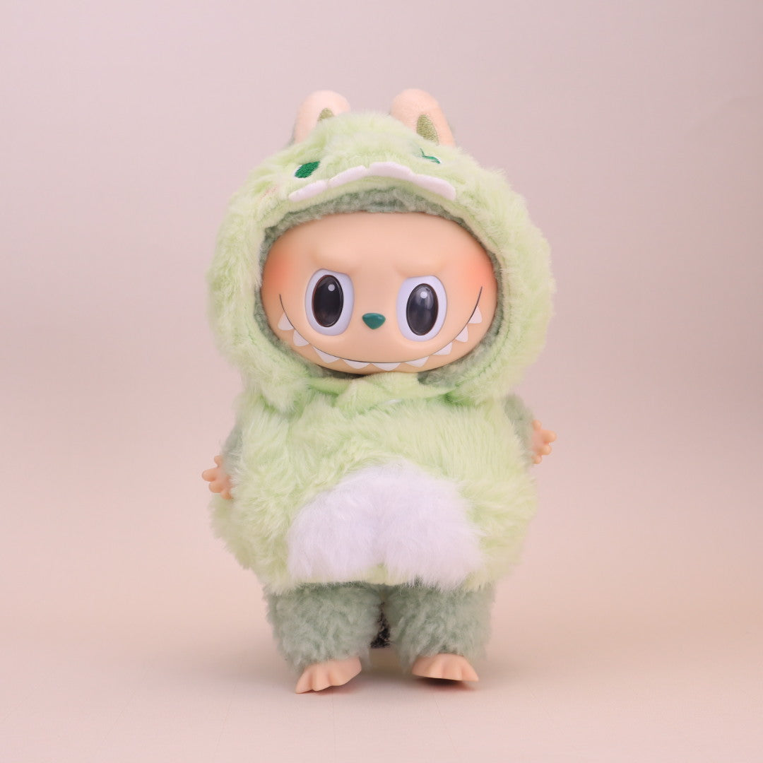 Monster Green Outfit Set For Labubu - Plush Hooded Hat & Puffy Cotton Suit - front view | KikiBuddies