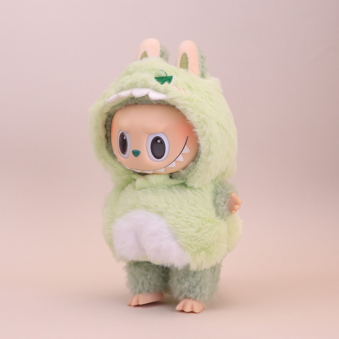 Monster Green Outfit Set For Labubu - Plush Hooded Hat & Puffy Cotton Suit - lifestyle scene | KikiBuddies