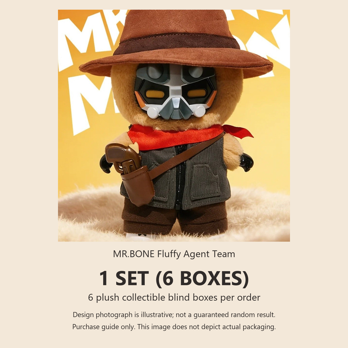 MR.BONE Fluffy Agent Team Series Plush Blind Box - Six-box purchase guide with illustrative brown-costume plush doll; random design not guaranteed