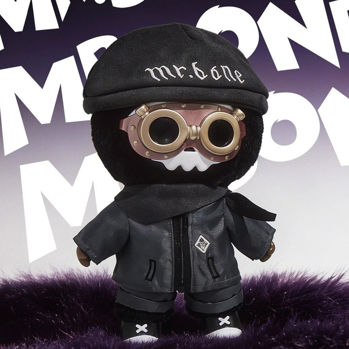 MR.BONE Fluffy Agent Team Series Plush Blind Box - Complete dark-costume plush doll example with round goggles; random design not guaranteed