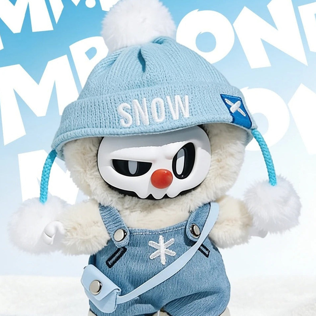 MR.BONE Fluffy Agent Team Series Plush Blind Box - Blue winter-costume plush doll detail with upper pompom and lower feet cropped; random design not guaranteed