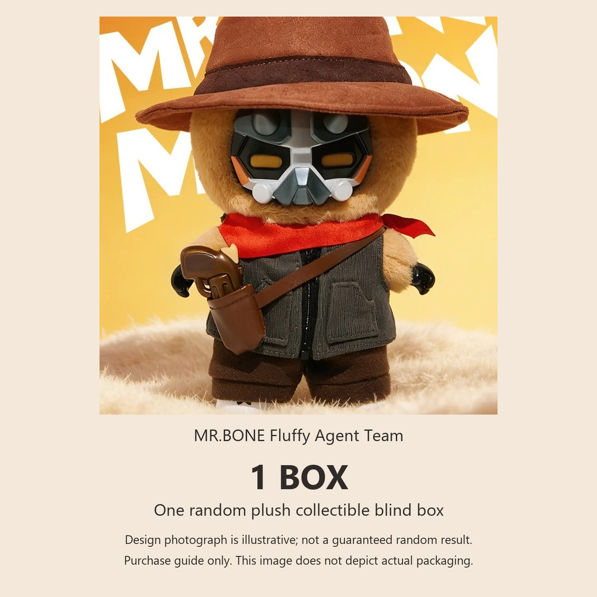 MR.BONE Fluffy Agent Team Series Plush Blind Box - One-box purchase guide with illustrative brown-costume plush doll; random design not guaranteed