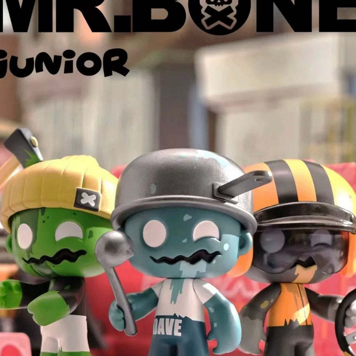 Mr. Bone JUNIOR First Day Series three figure design examples with hats; random designs, scene props excluded