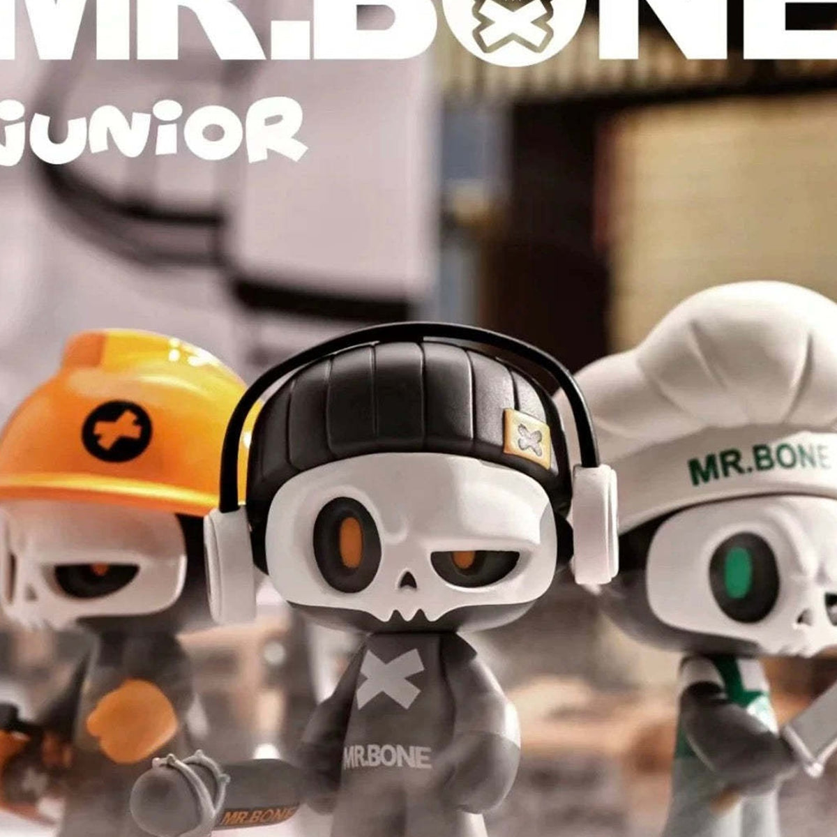 Mr. Bone JUNIOR First Day Series figure examples with headphones and occupational hats; random designs, scene props excluded