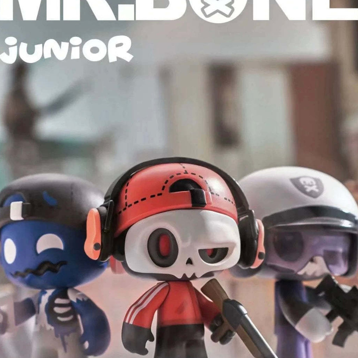 Mr. Bone JUNIOR First Day Series figure design examples wearing helmets; random designs, scene props excluded