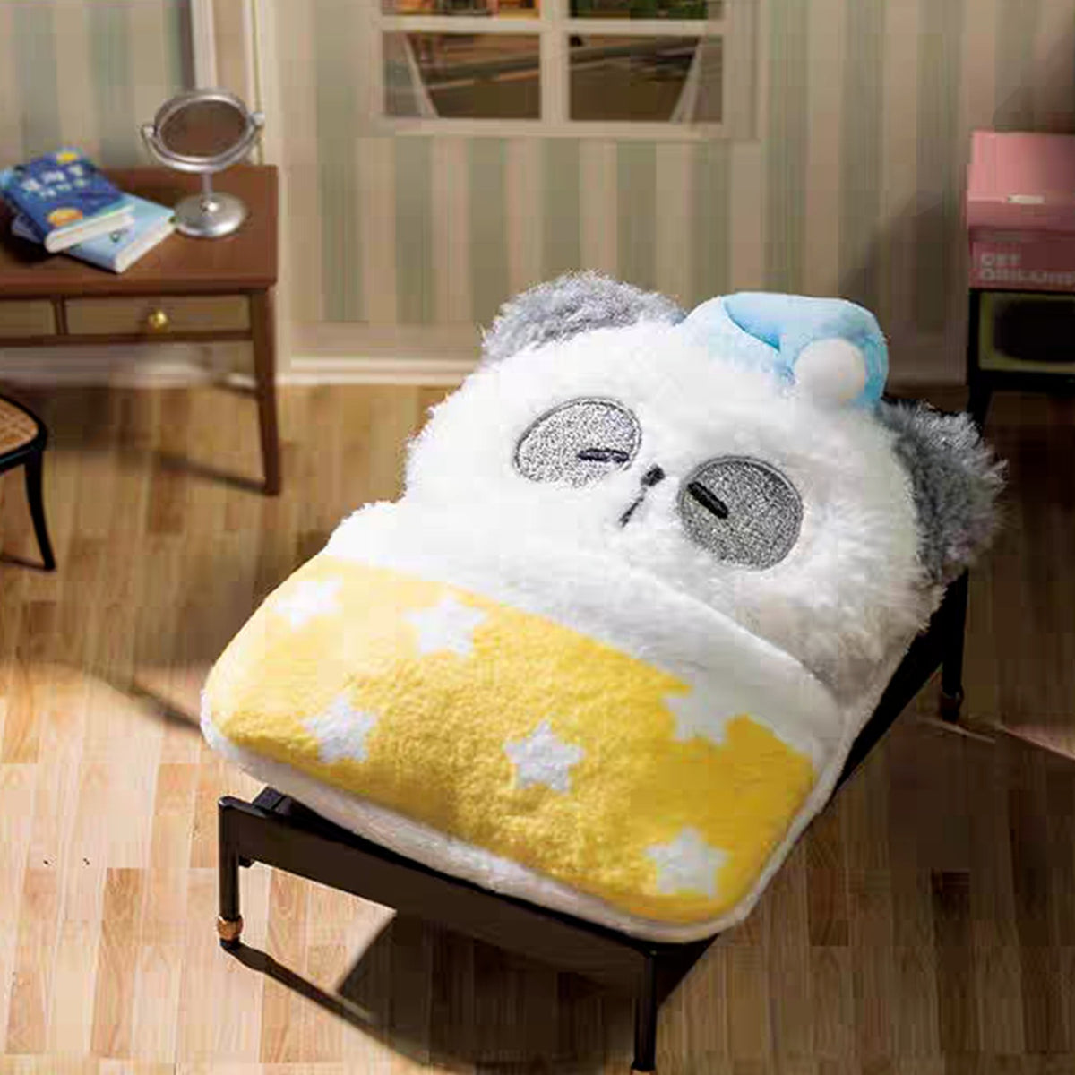MR.PA'S Daily Office Grind Series Plush Keychain Blind Box - Sleeping panda plush keychain example in blanket styling; chair and surrounding display props not included; random design not guaranteed