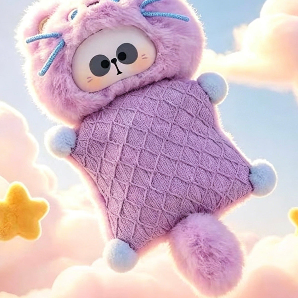 MR.PA Warm Hug Series Plush Pendant Blind Box - Purple animal hood and textured plush body with light blue paws; upper hood cropped; random design not guaranteed; display props not included