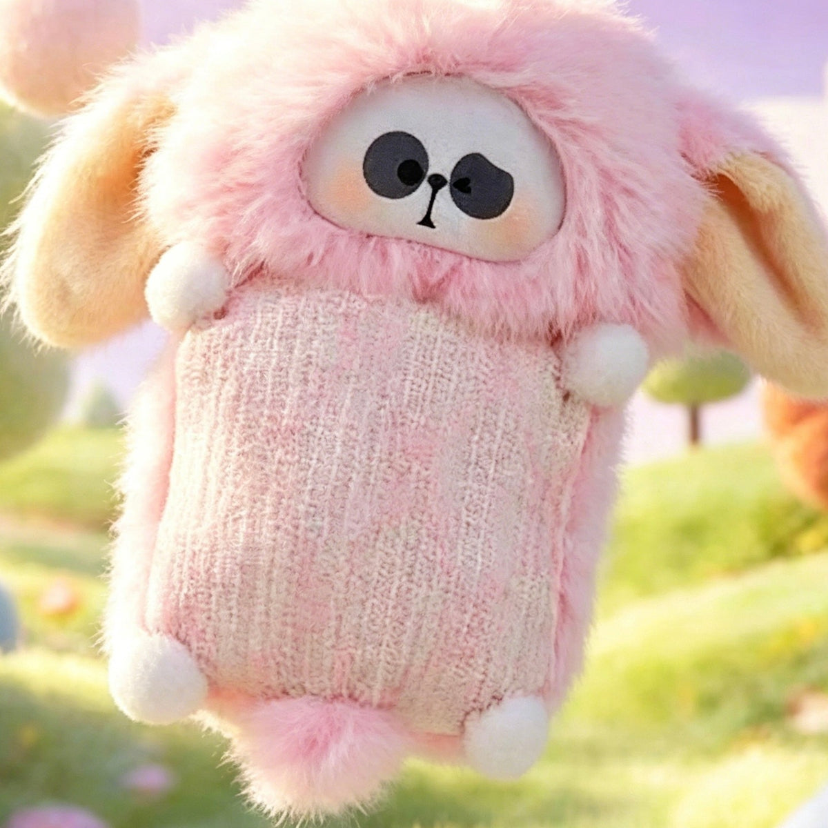 MR.PA Warm Hug Series Plush Pendant Blind Box - Pink long-eared hood and pale knitted-style plush body; upper hood and outer ears cropped; random design not guaranteed; display props not included